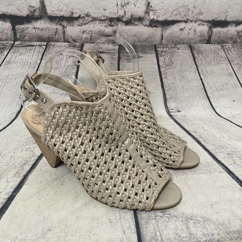 Vince Camuto Heels Womens Size 9.5M Eiana Sandals Beige Woven Block Heel Buckle